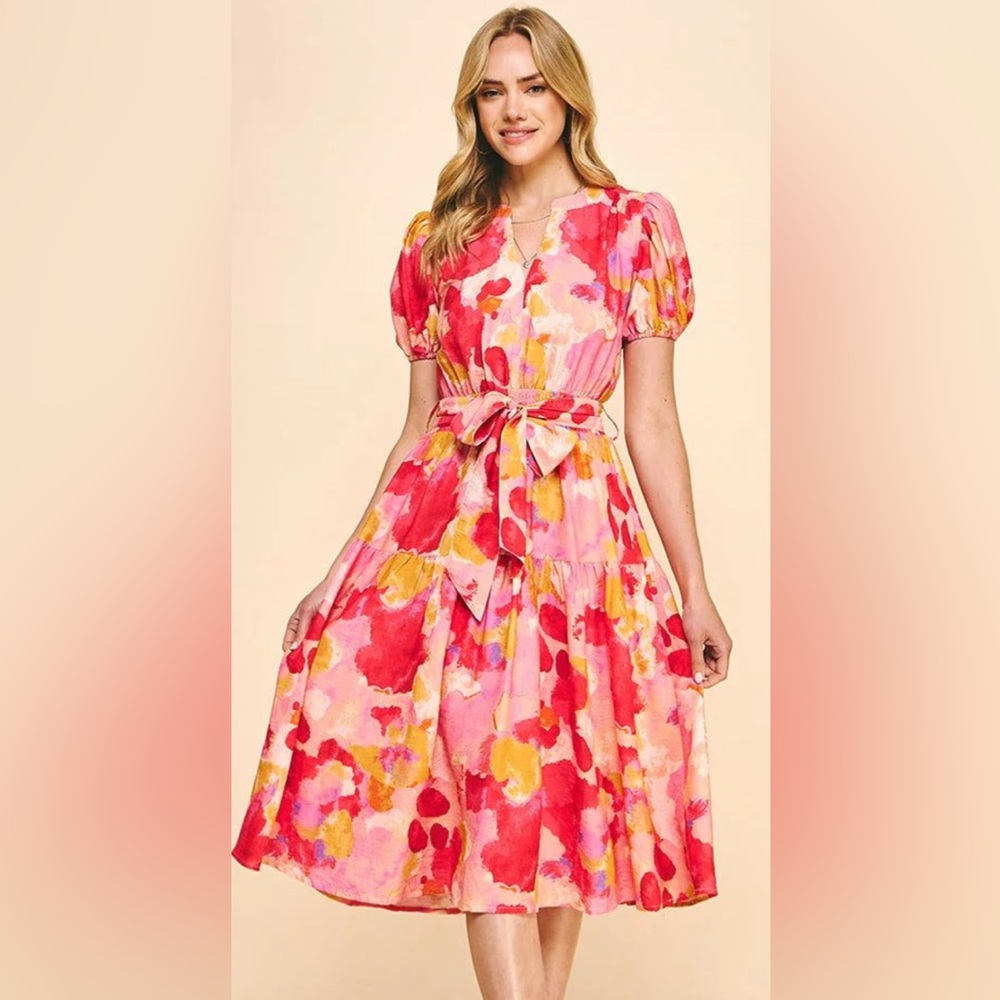 Pinch Becca belted midi dress in pink and gold size Small